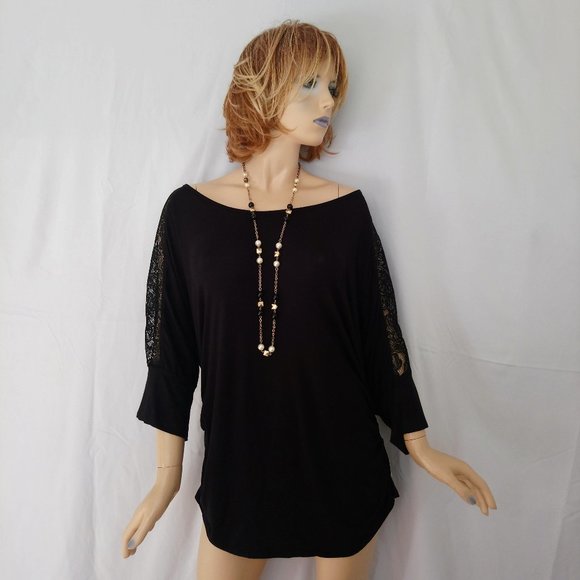 NWT IZ BYER 3X Black Textured Off Shoulder Top Dolman Lace Sleeves - Picture 1 of 11